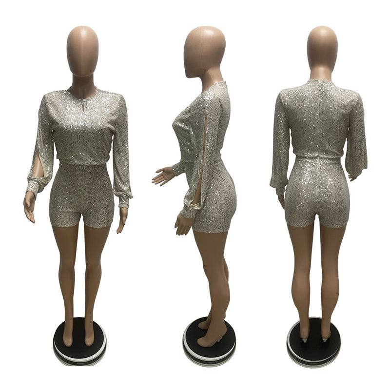 Sequined Long Sleeve Sequined Casual Jumpsuit