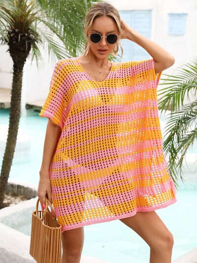 (Copy) Tassel Openwork Striped V-Neck Cover Up