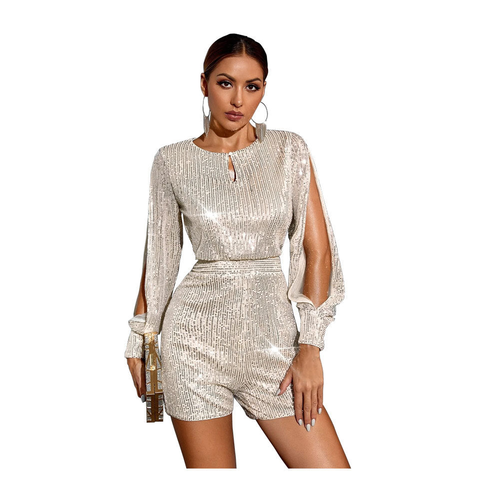 Sequined Long Sleeve Sequined Casual Jumpsuit