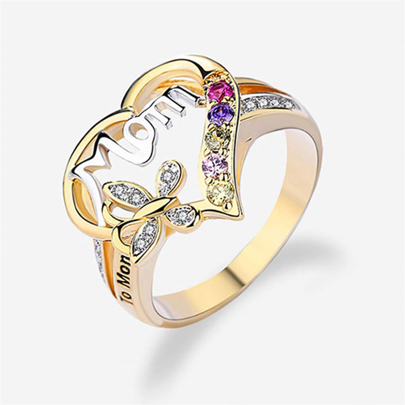 Mother's Day Gift Hollow Heart English Letter Love Mom Rhinestone Butterfly Finger Ring Jewelry Gift