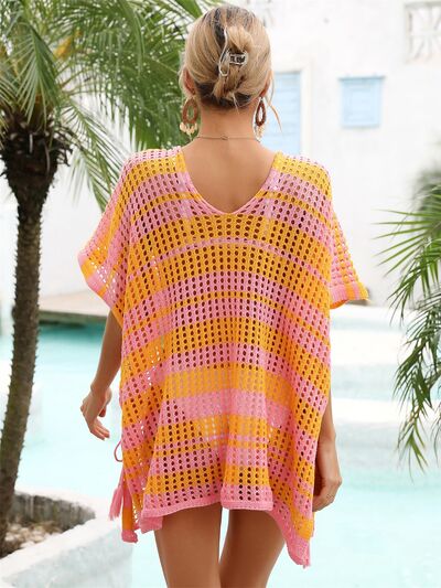 (Copy) Tassel Openwork Striped V-Neck Cover Up