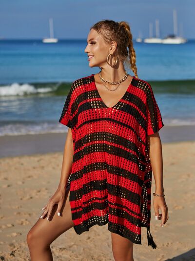 (Copy) Tassel Openwork Striped V-Neck Cover Up