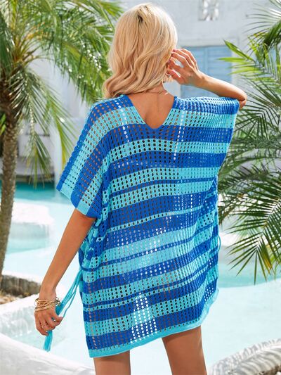 (Copy) Tassel Openwork Striped V-Neck Cover Up