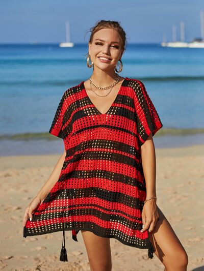 (Copy) Tassel Openwork Striped V-Neck Cover Up