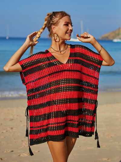 (Copy) Tassel Openwork Striped V-Neck Cover Up