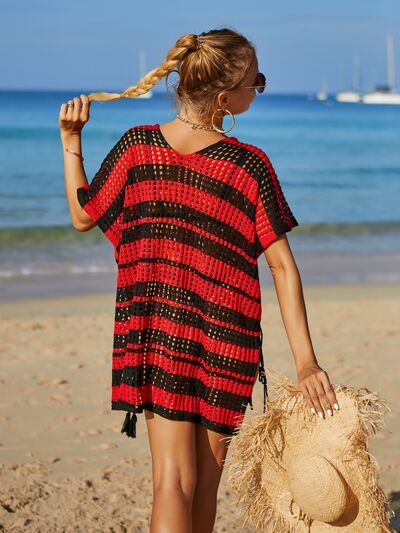 (Copy) Tassel Openwork Striped V-Neck Cover Up