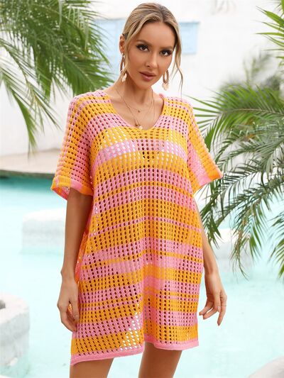 (Copy) Tassel Openwork Striped V-Neck Cover Up