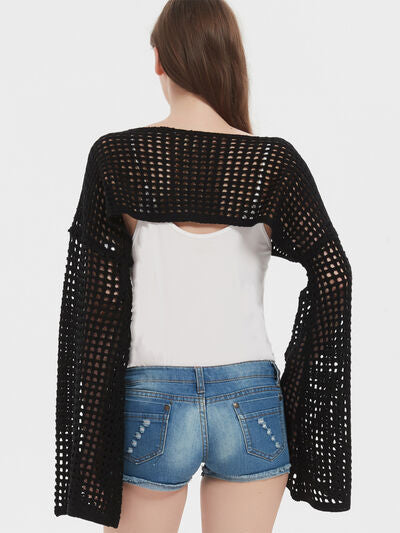 Openwork Boat Neck Dropped Shoulder Knit Cover Up