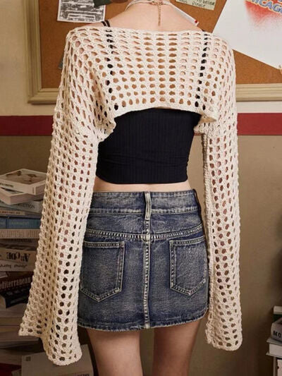 Openwork Boat Neck Dropped Shoulder Knit Cover Up