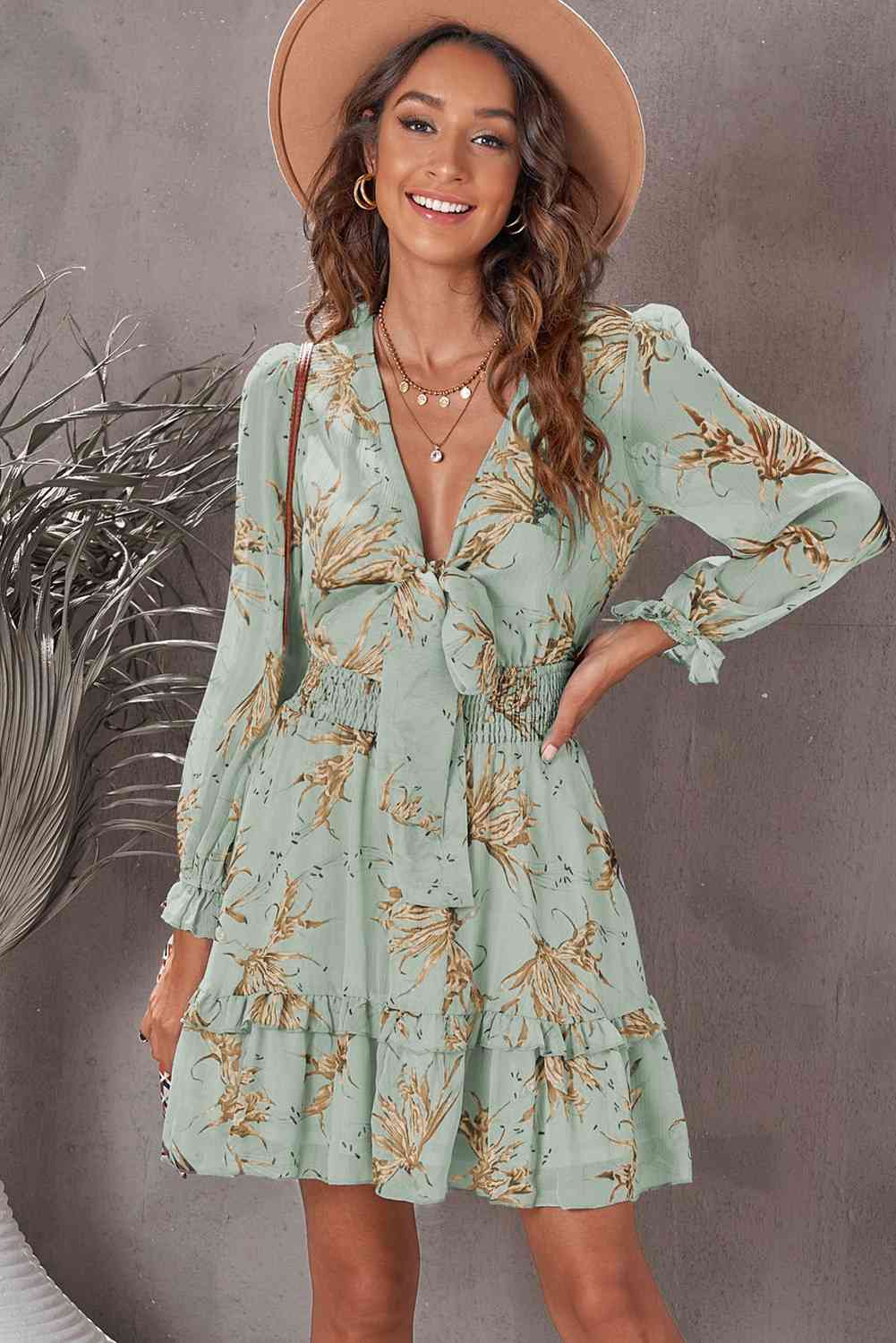 Floral Deep V Flounce Sleeve Mini Dress