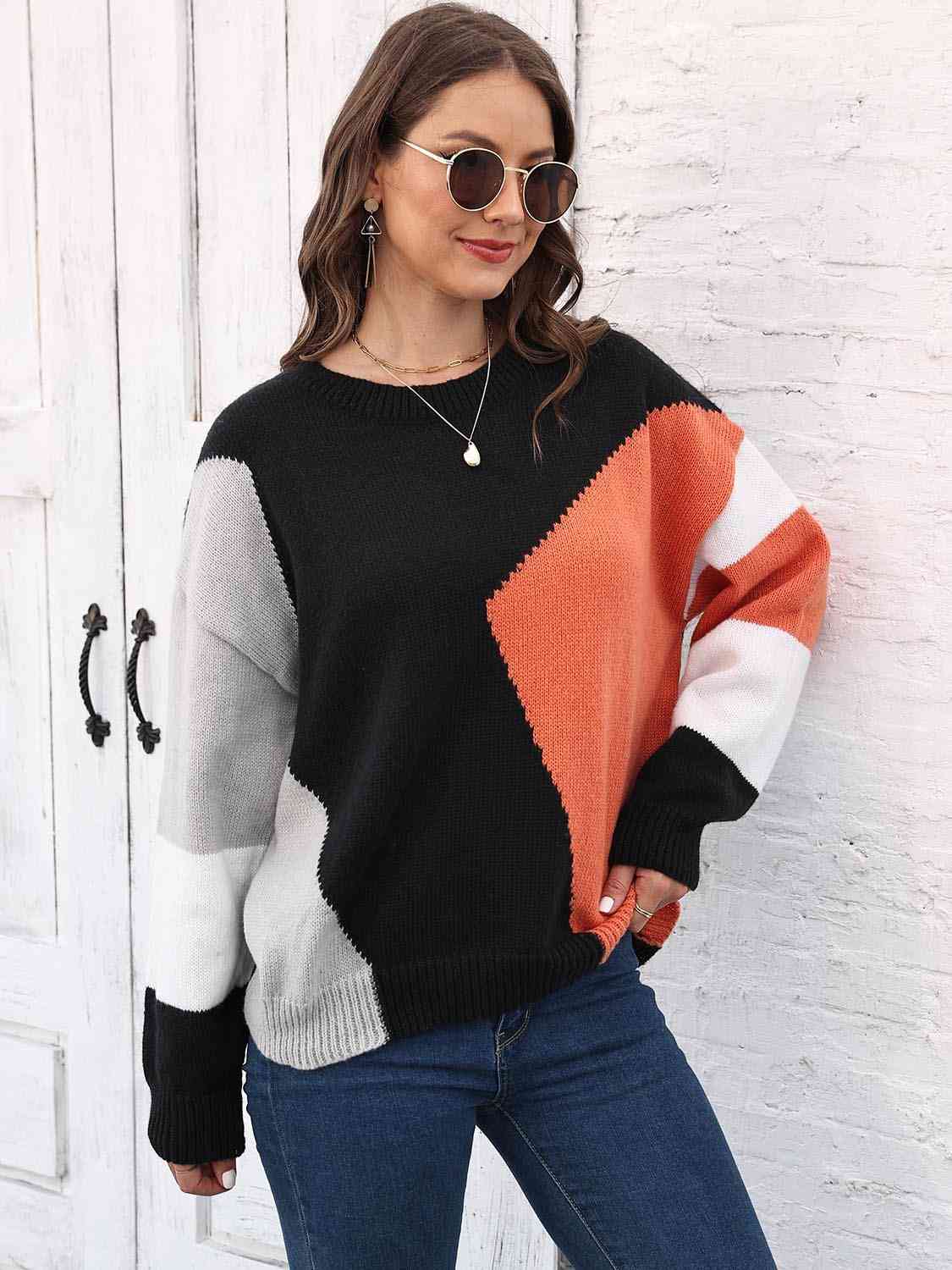 Color Block Round Neck Sweater