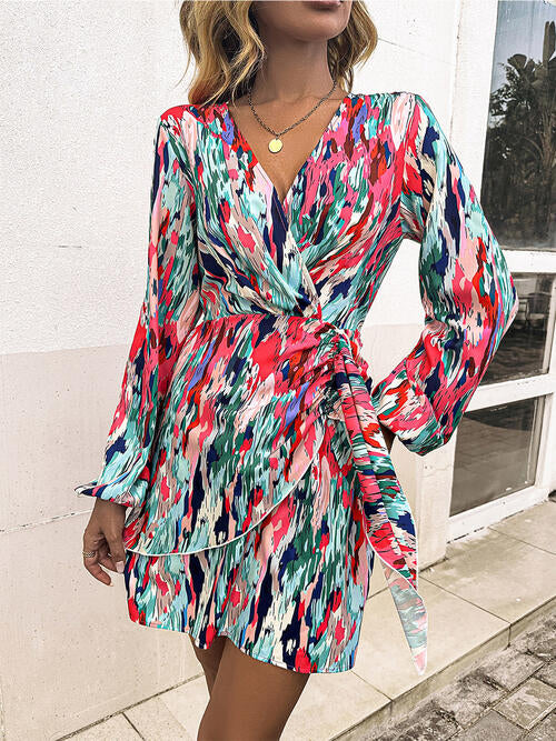 Printed Surplice Balloon Sleeve Mini Dress