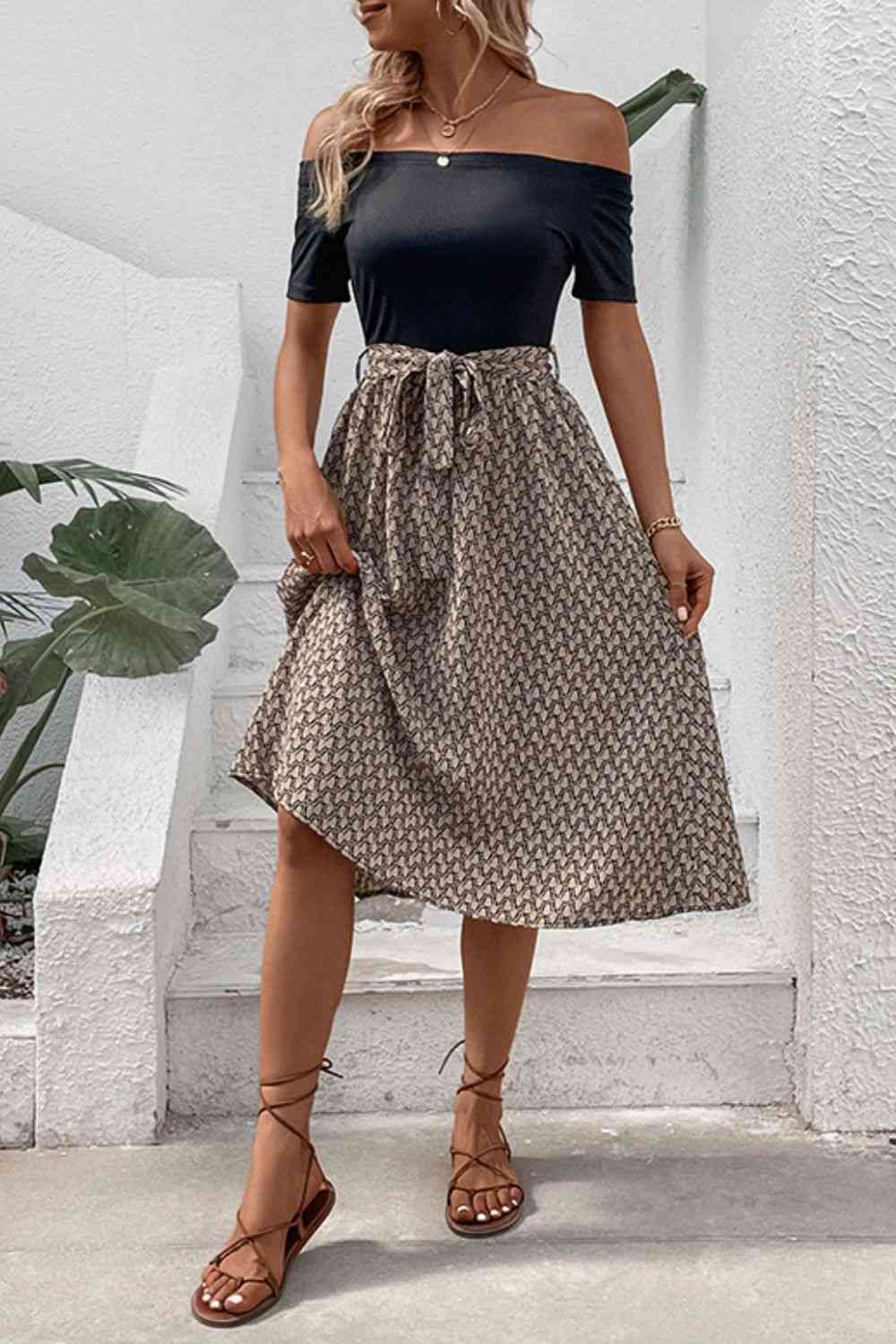 Printed Tie Belt Off-Shoulder Dress