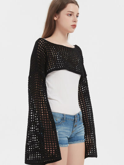 Openwork Boat Neck Dropped Shoulder Knit Cover Up