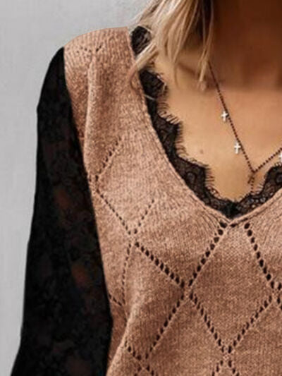 Lace Decor V Neck Two Tone Sweater